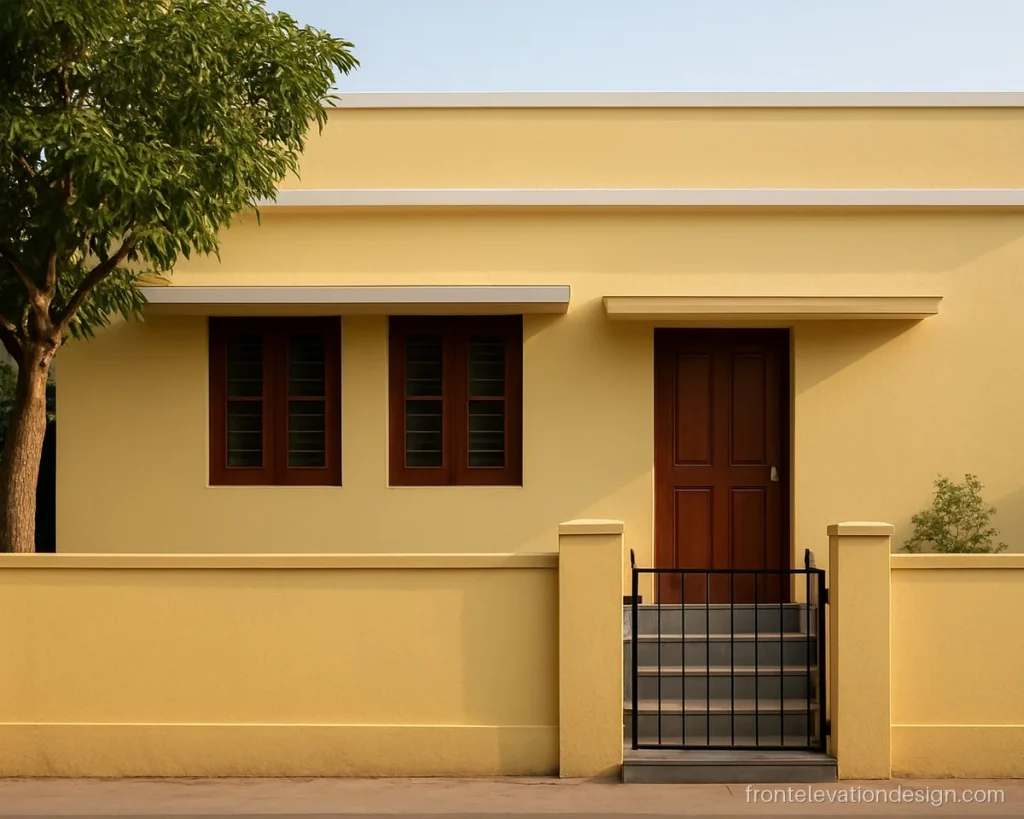 Simple single floor front with yellow walls, white parapet band and wide chhajja