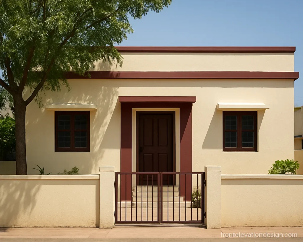 Low cost single floor house front with two-tone cream and maroon paint bands