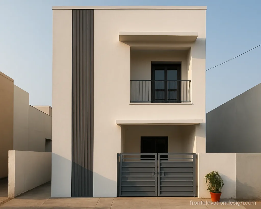 Simple house front elevation design with vertical grooves beside a staircase window