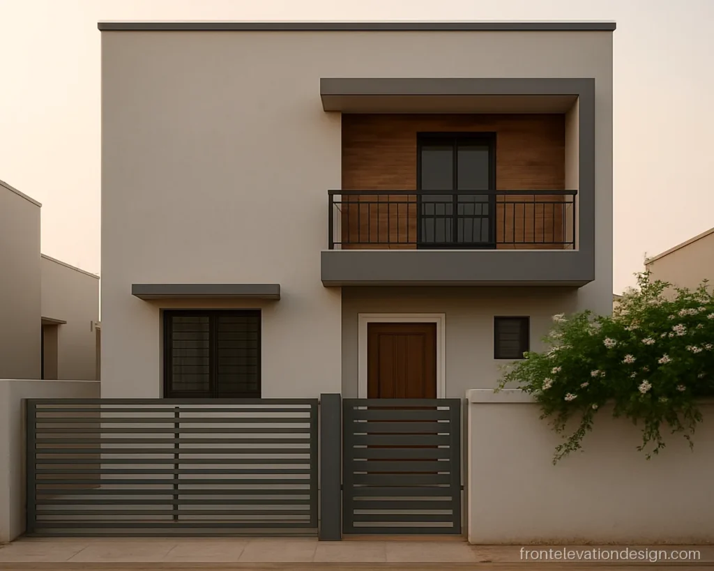 Front elevation simple design with a wood-look panel behind a small balcony