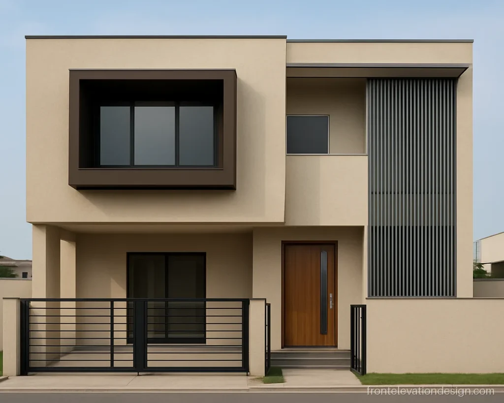 New house front elevation design with a beige box janala and vertical louvers