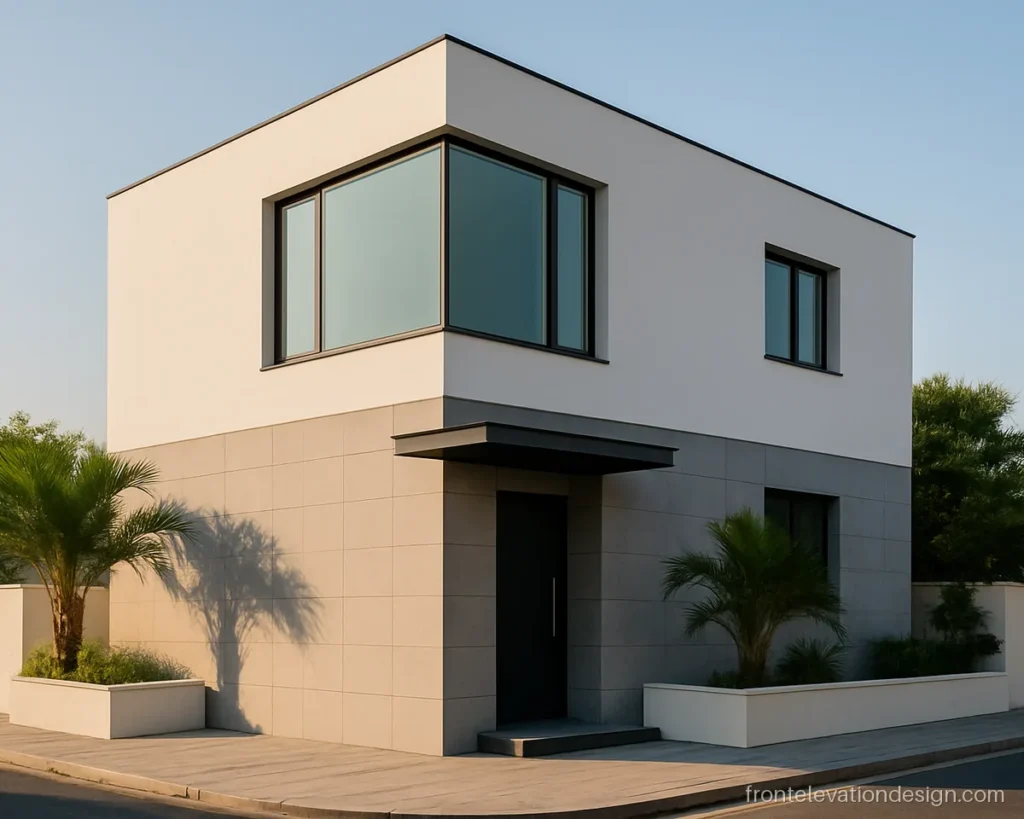 Modern front elevation with grey large-format tiles and a glass corner window