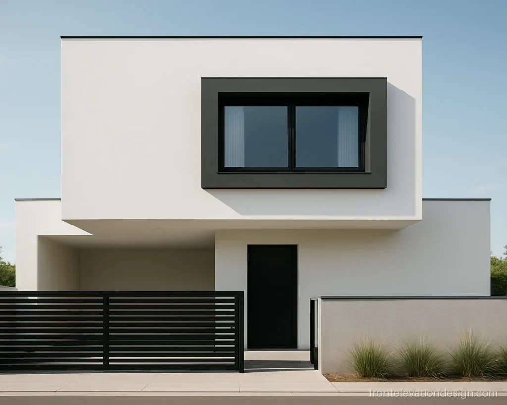 Modern house front elevation design with white boxes and a charcoal cantilever frame