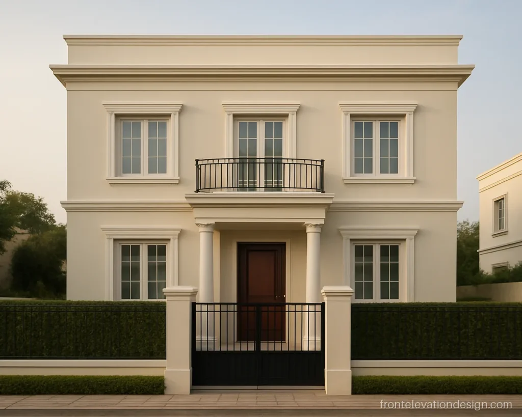 Classic front elevation design with cream walls, slim pillars and white mouldings