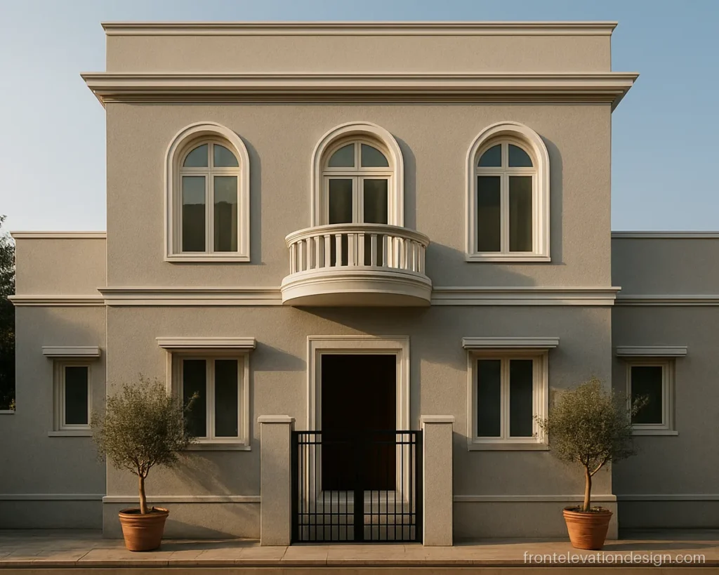 Modern classic front elevation with grey walls, arched windows and a white balcony