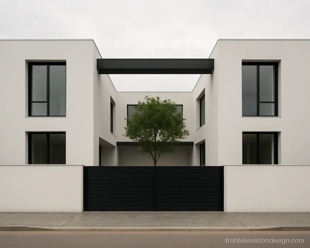 Beautiful house front elevation design with black frames, white walls and a courtyard