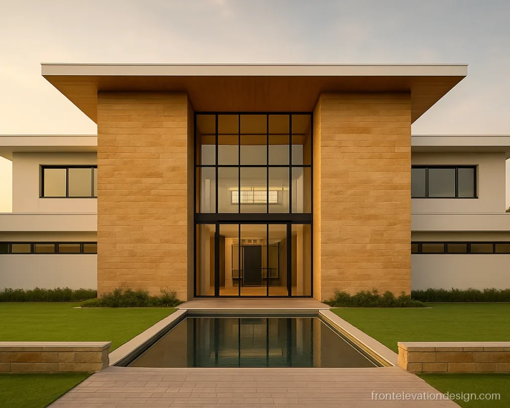Villa front elevation design with stone walls and double-height glass entrance