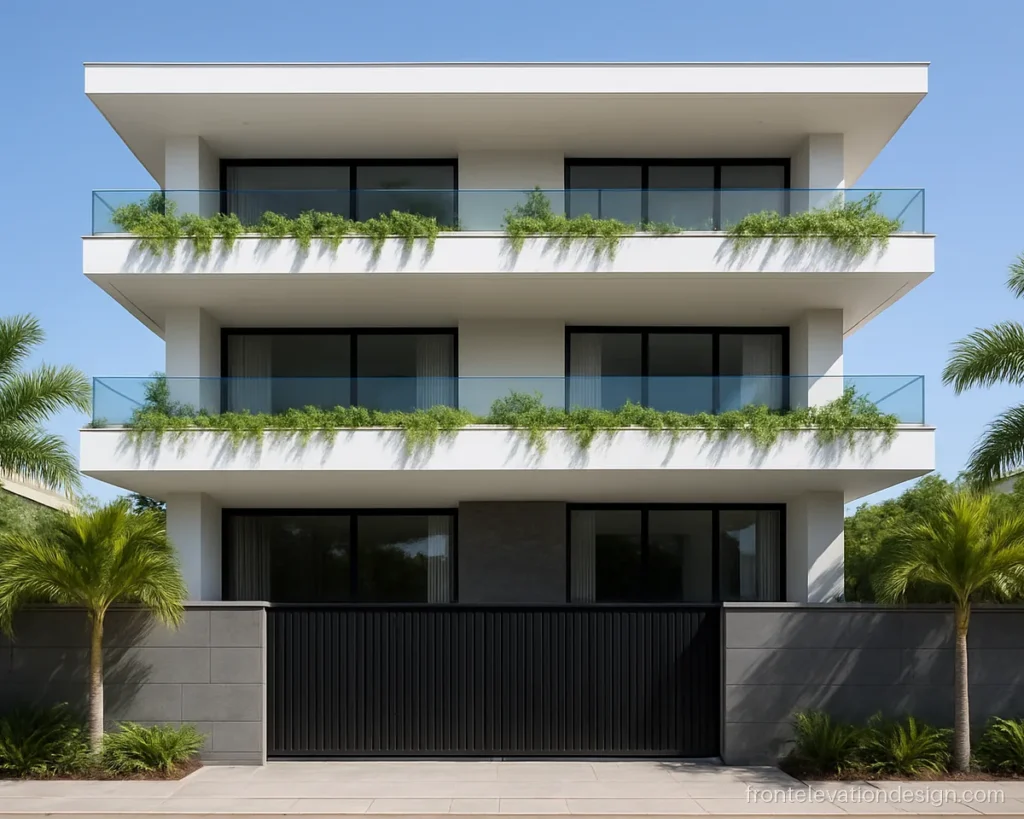 Modern luxury house front elevation with white terraces and glass railings