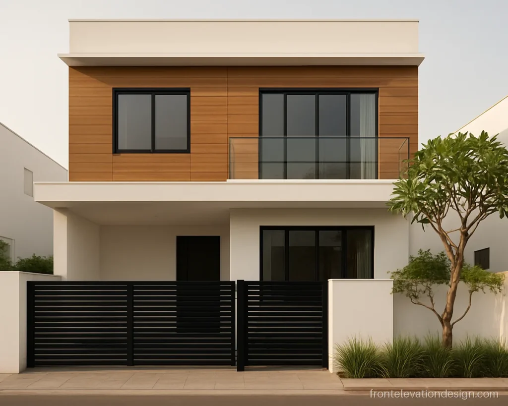 Modern home front elevation design with wood HPL panels and a floating white slab