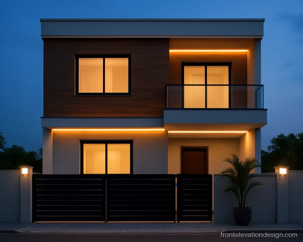 Modern house front elevation at evening with wood tiles and warm cove lights