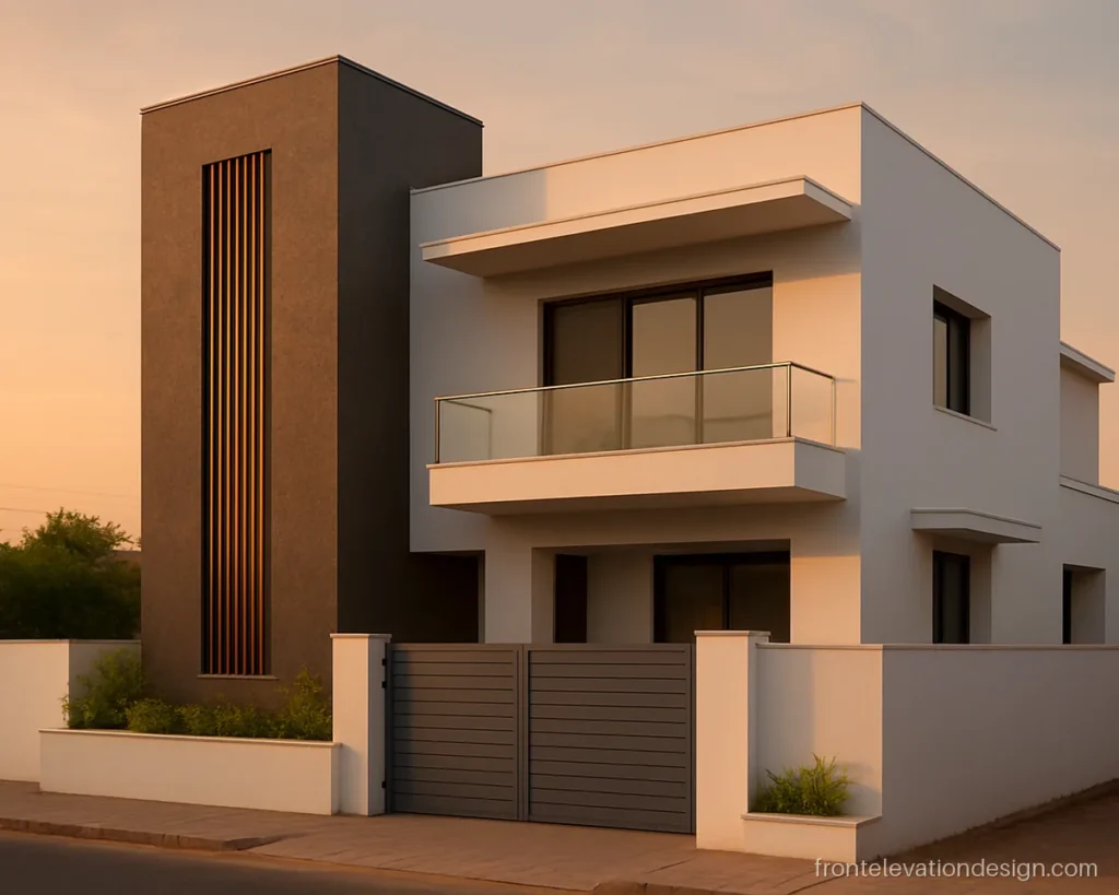 Modern front elevation house design with a grey staircase tower and WPC wood slats