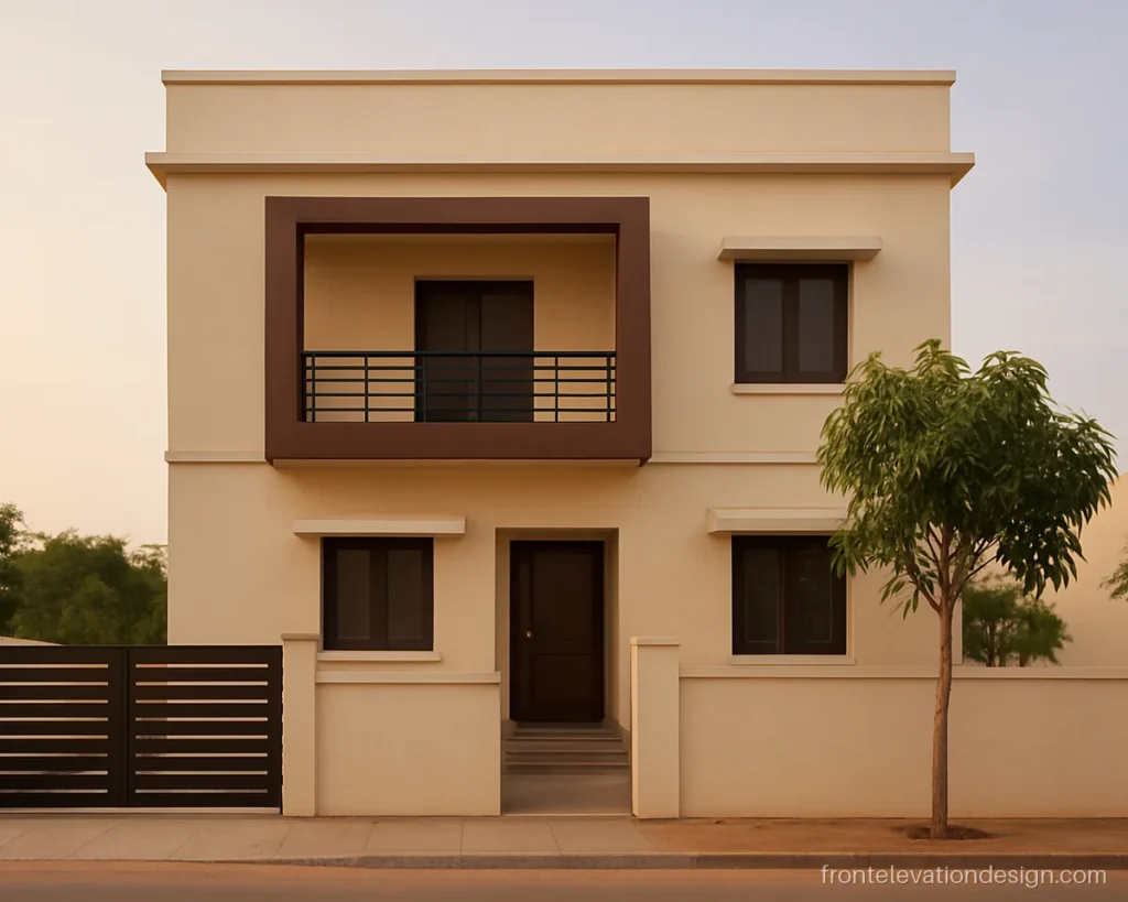 Normal house front elevation designs for G+1 with a framed balcony in cream and brown