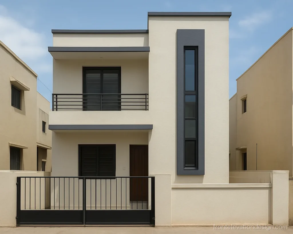 Indian house front elevation designs with a G+1 staircase window strip in grey