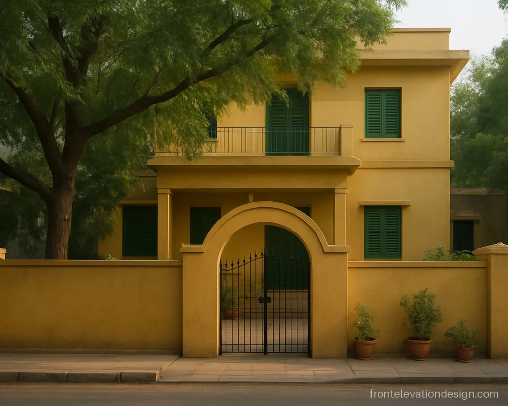 Ghar ka front elevation with an arched gate, small front courtyard and ochre walls