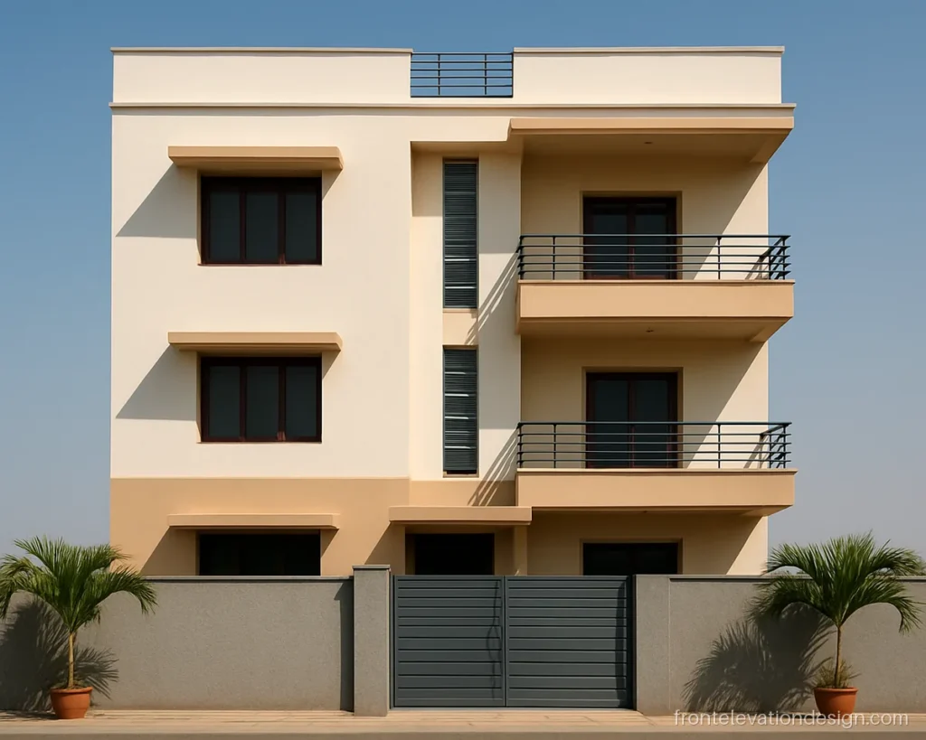 Ghar ka front elevation design for a G+2 joint home with stacked balconies