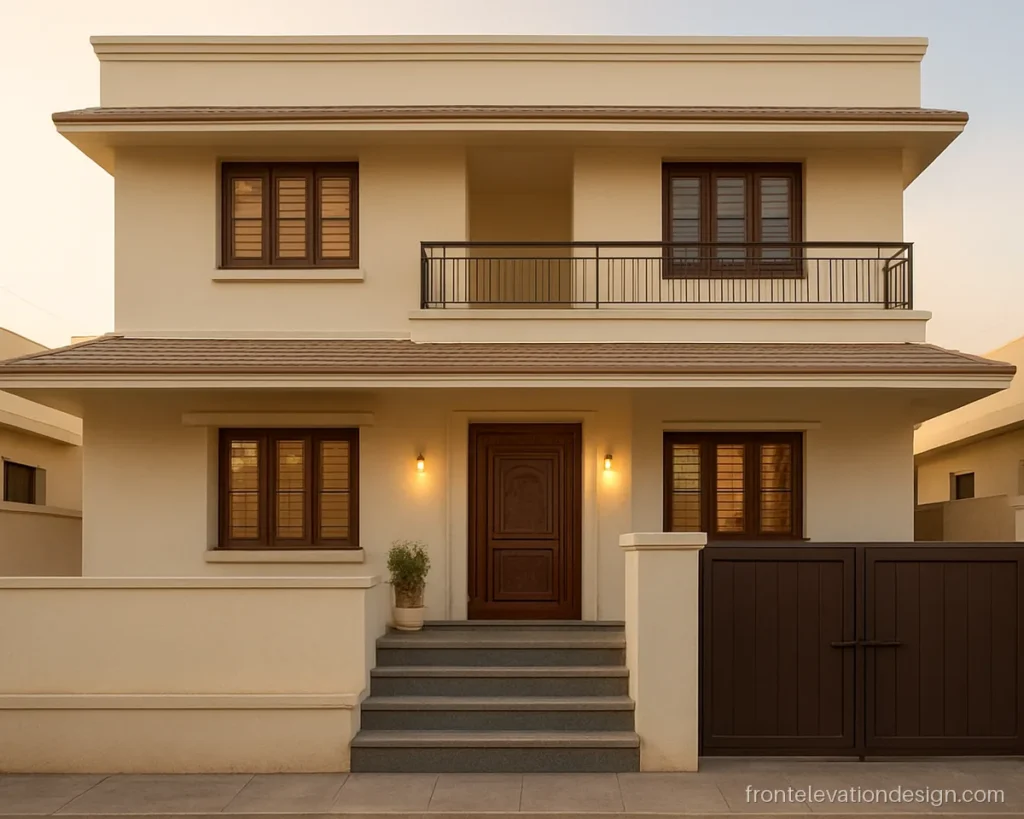 Indian house front elevation with an otla seating ledge and broad entry steps
