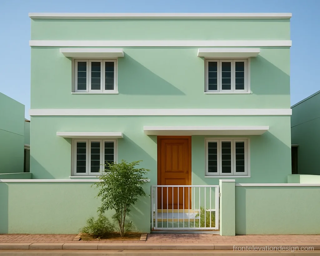 Normal house front painted mint green with white horizontal bands at floor level