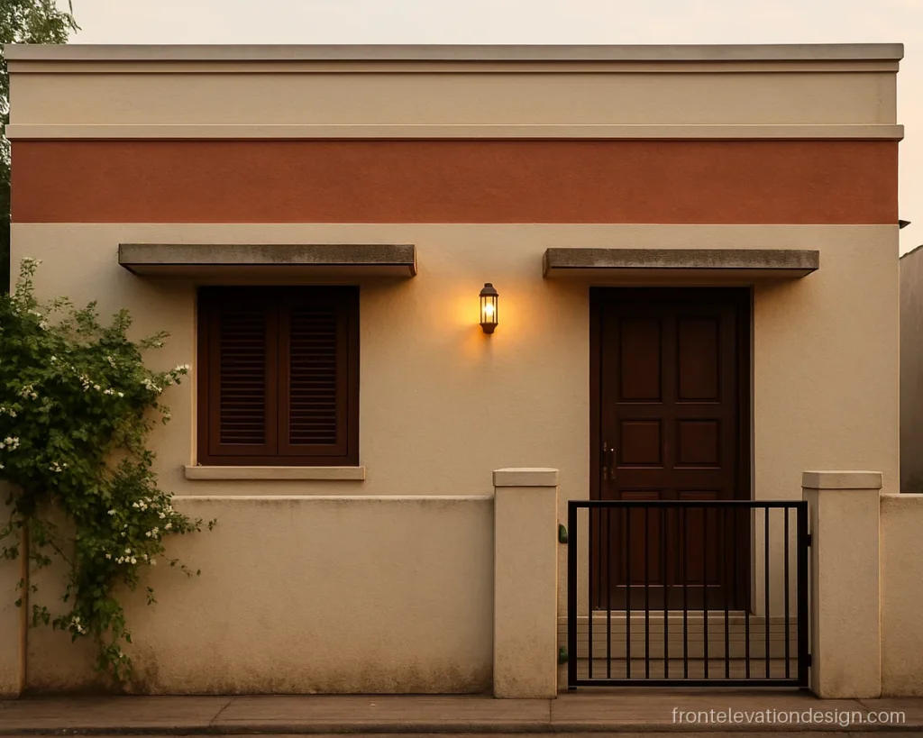 Normal ghar front with terracotta texture paint band and off white walls