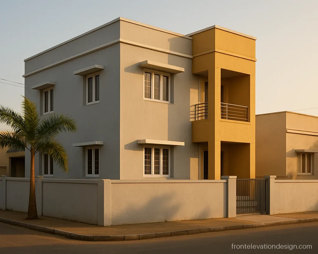 Two tone normal house front elevation in light grey and mustard yellow