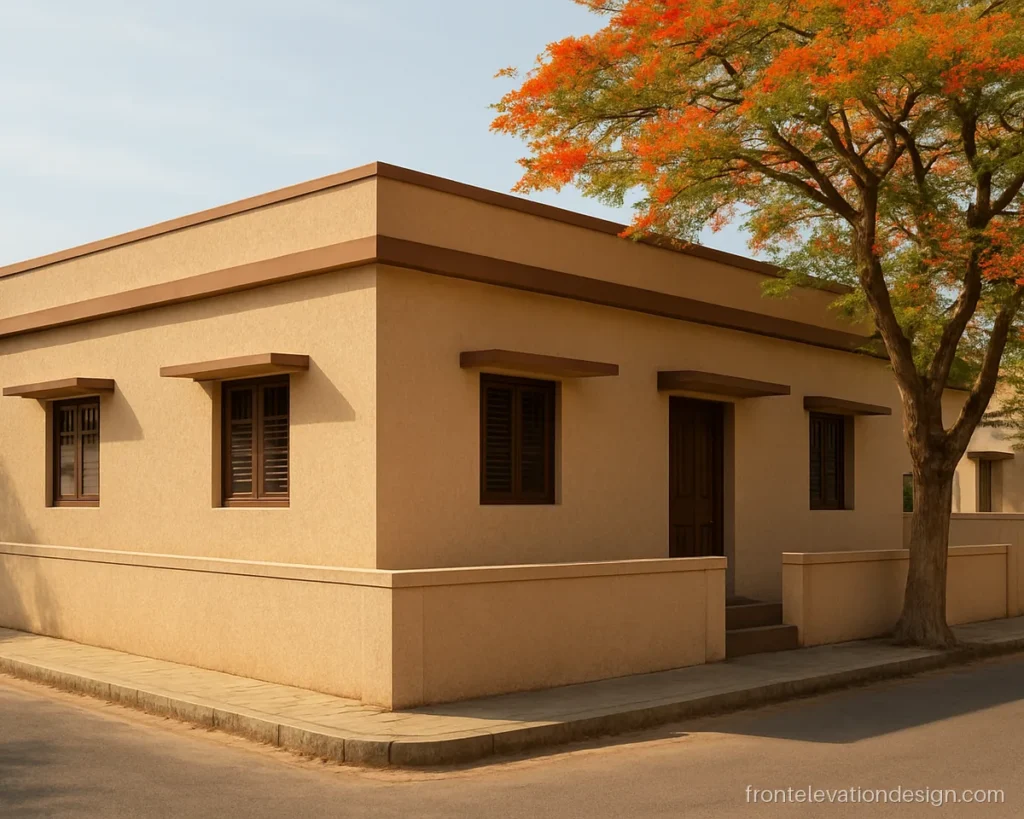 Normal corner plot house with a single floor front and side elevation in sand colour