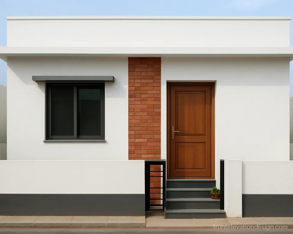 Indian house front elevation with a grey plinth, brick-look strip and white walls