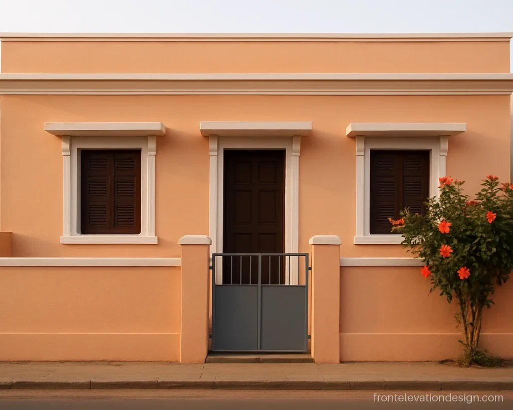 Normal house front elevation design for a single floor home with peach walls and white trim