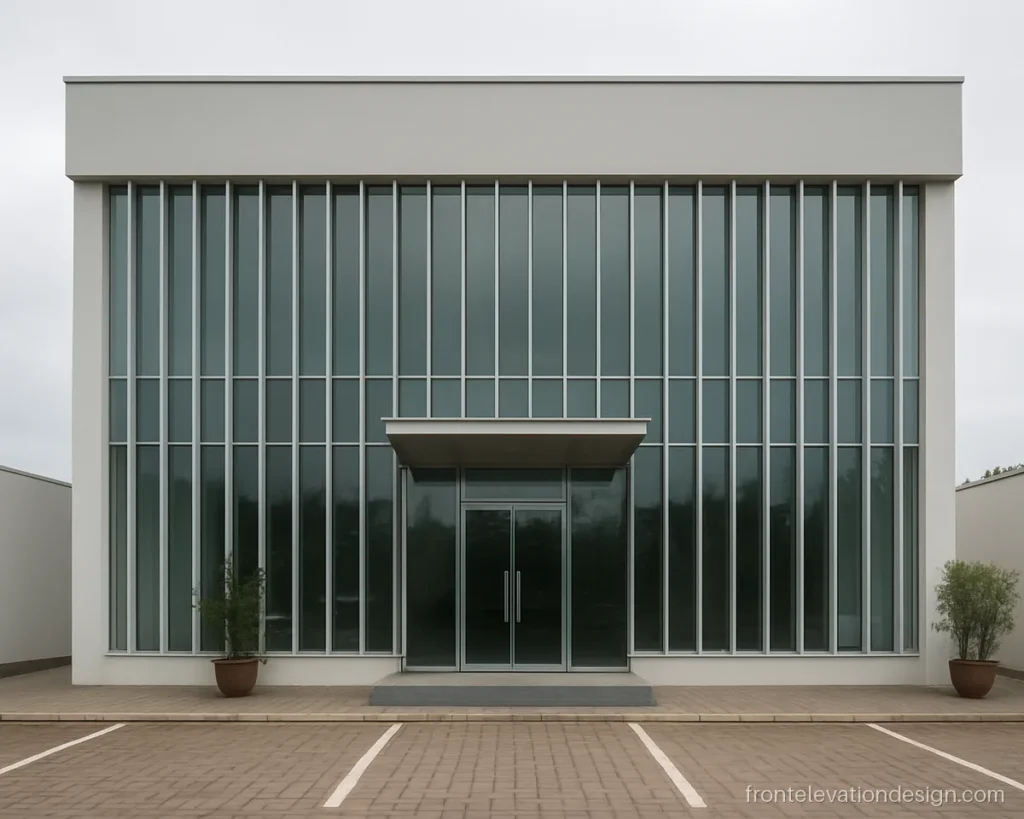 Office front elevation design with grey fins and a glass front on two floors