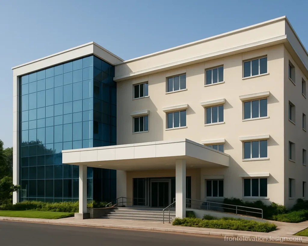 Modern commercial building front elevation with hospital wing and clinic glass front