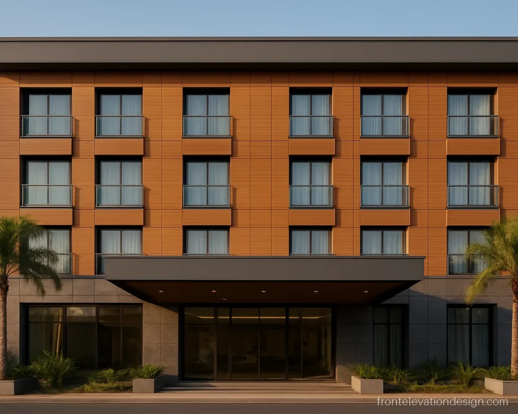Hotel front elevation design with stone base, wood panels and a long canopy
