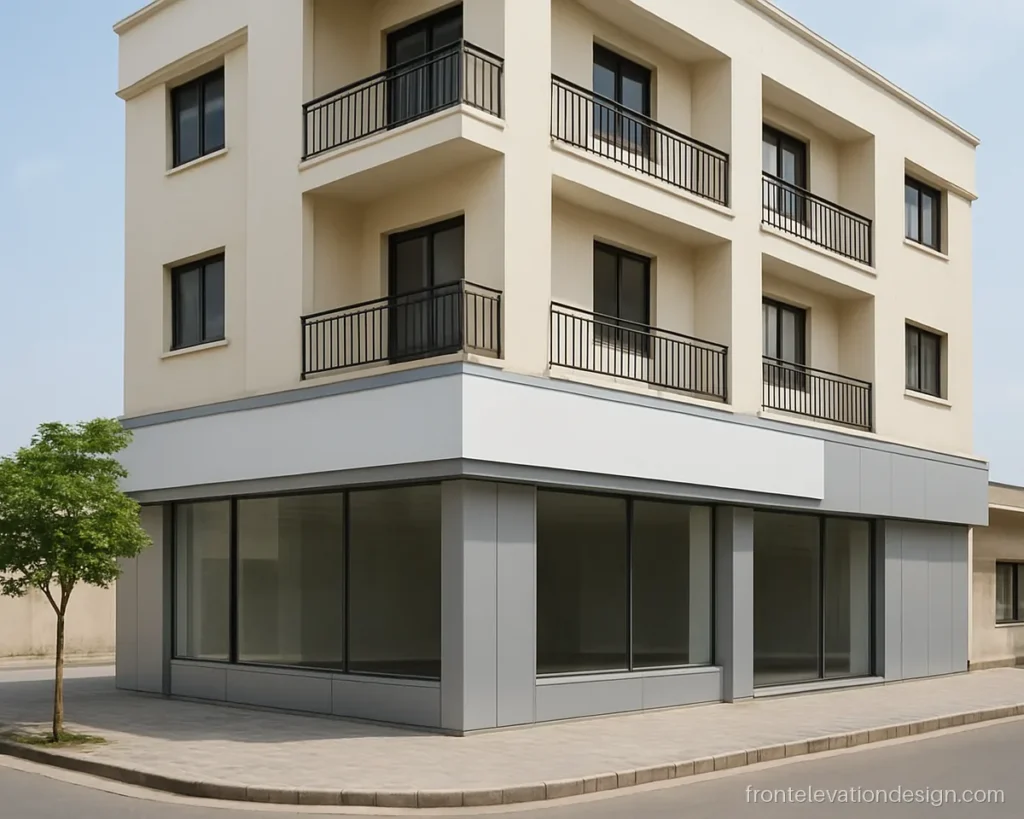 ACP sheet front elevation design for shop on a corner building with flats above