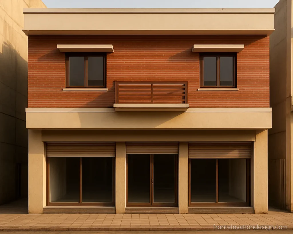 Shop front elevation with a home above in brick tiles and wooden balcony