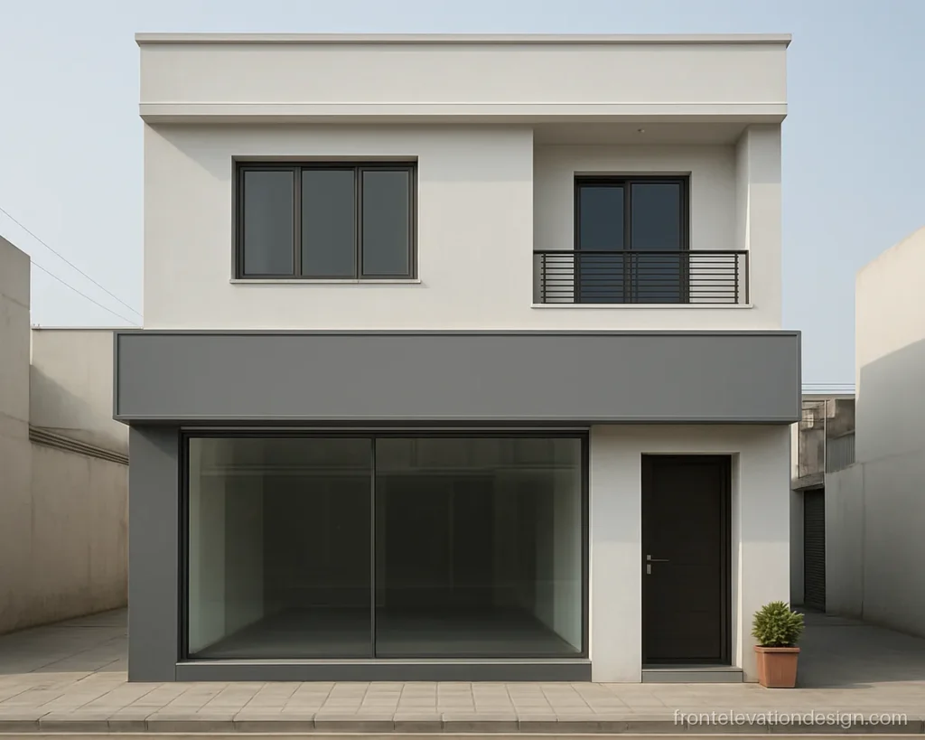 Front elevation with shop on ground floor and a G+2 home above with grey band