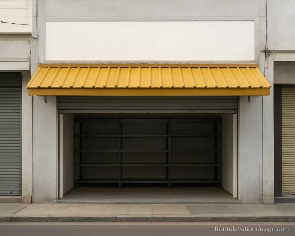 Indian shop front elevation with a mustard canopy and blank fascia in a market row