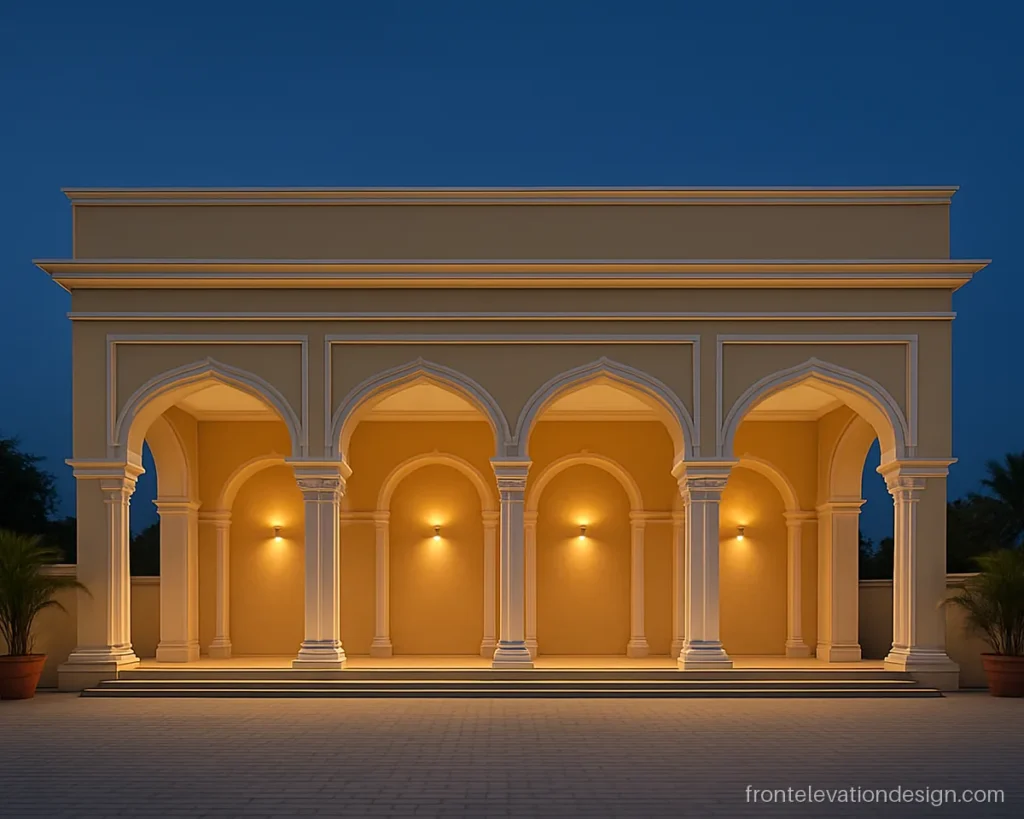 Front elevation marriage hall exterior design with cream arches and warm lights