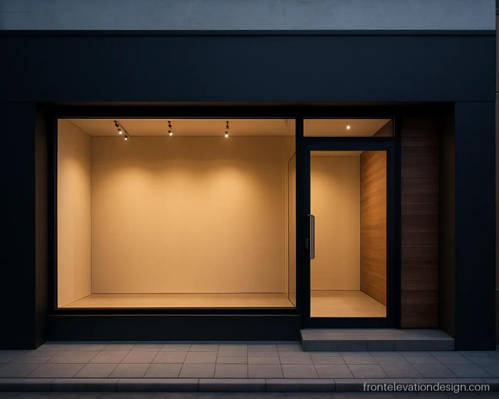 Small shop front modern showroom elevation design with wood panels and black frame