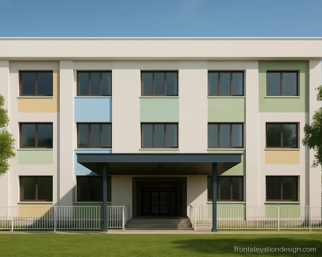 3D front elevation of school with colourful blocks, canopy and wide entrance