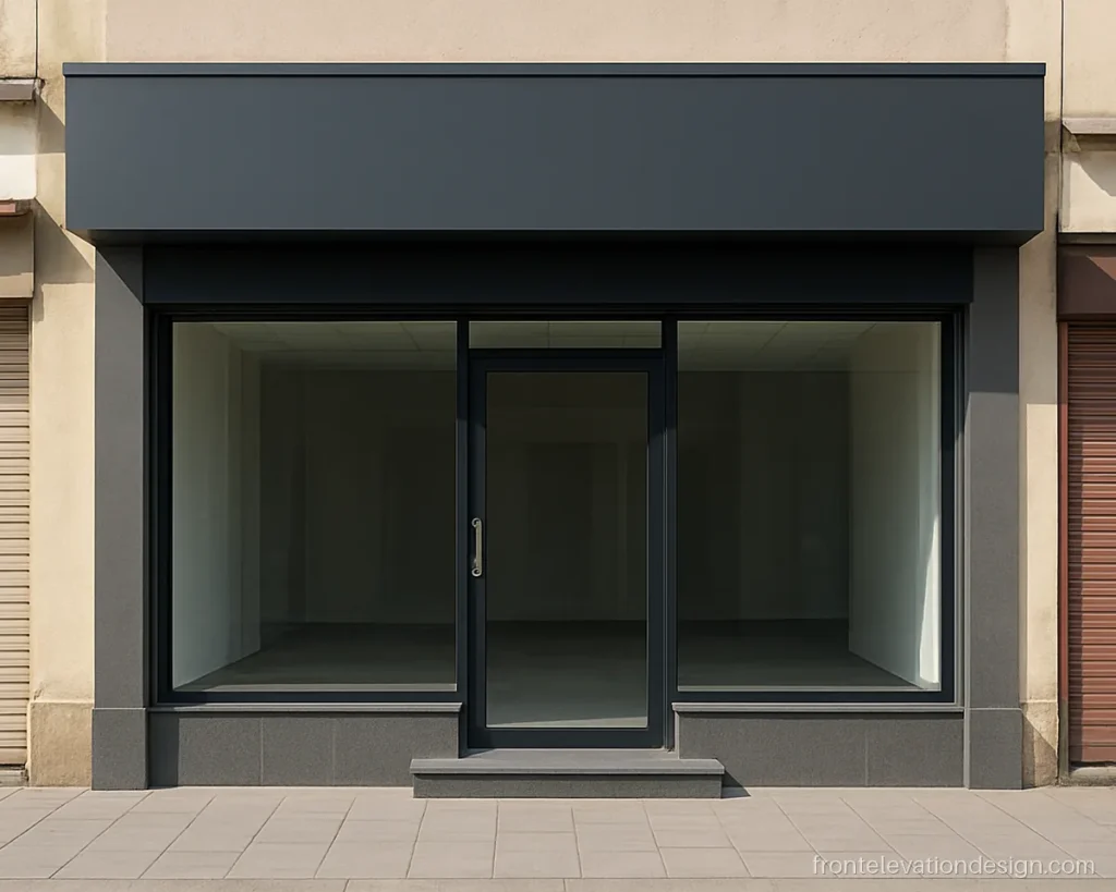 Small shop front elevation design with a grey ACP fascia and glass shutter
