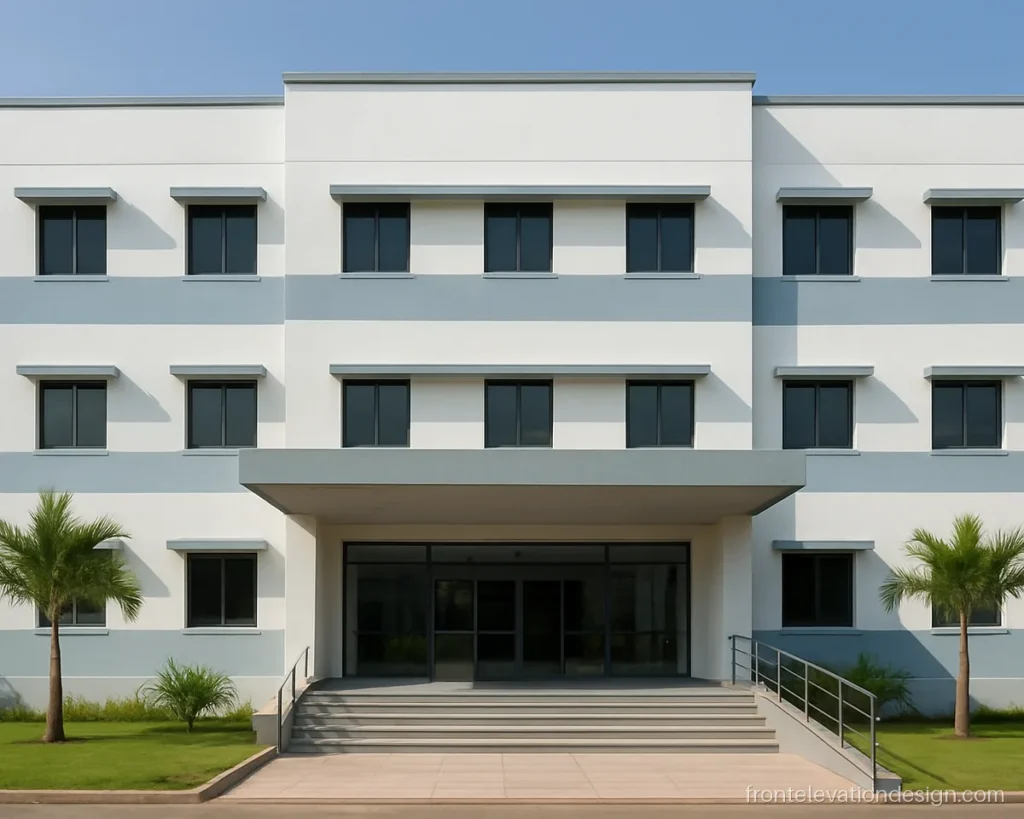 Small hospital front elevation design with white walls, glass entrance and a ramp