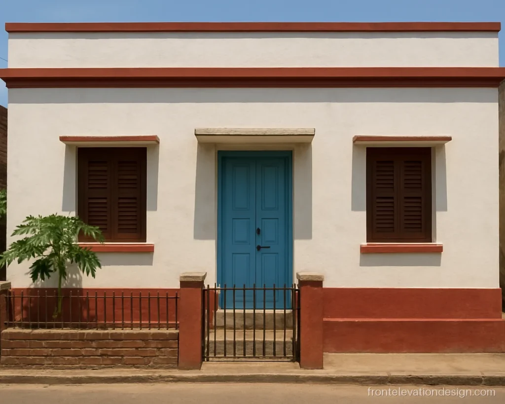 Small house front elevation single floor with red oxide bands and white lime walls