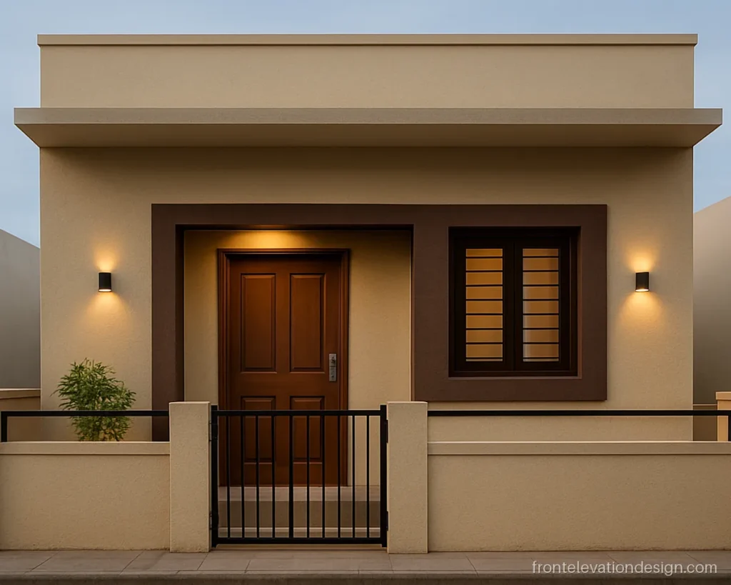 Front elevation design ground floor with beige walls, brown door frame and porch slab