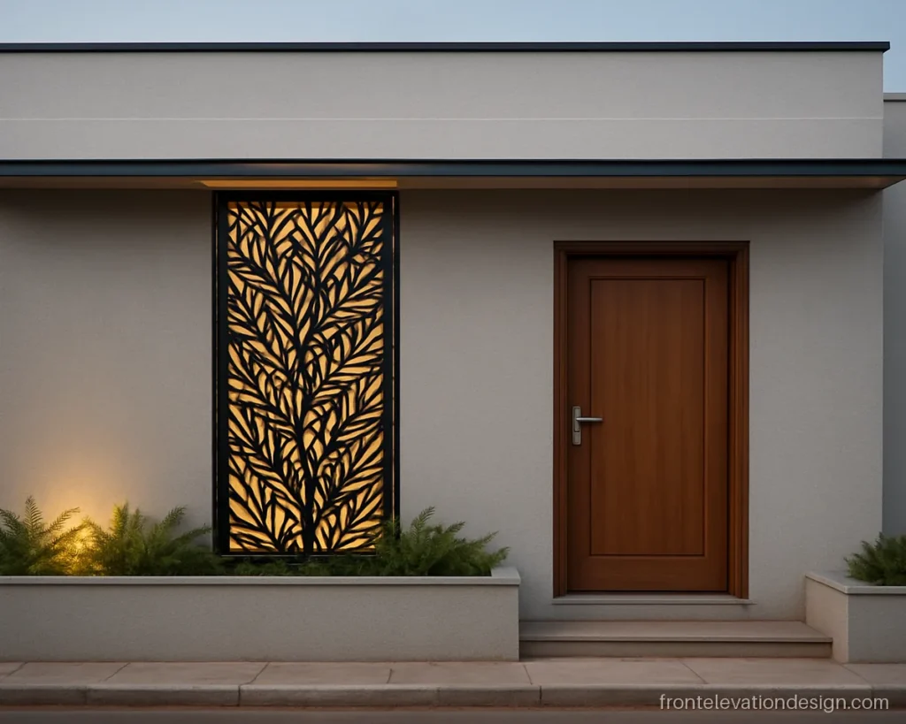 Single floor house front elevation with a black CNC metal jali panel beside the door