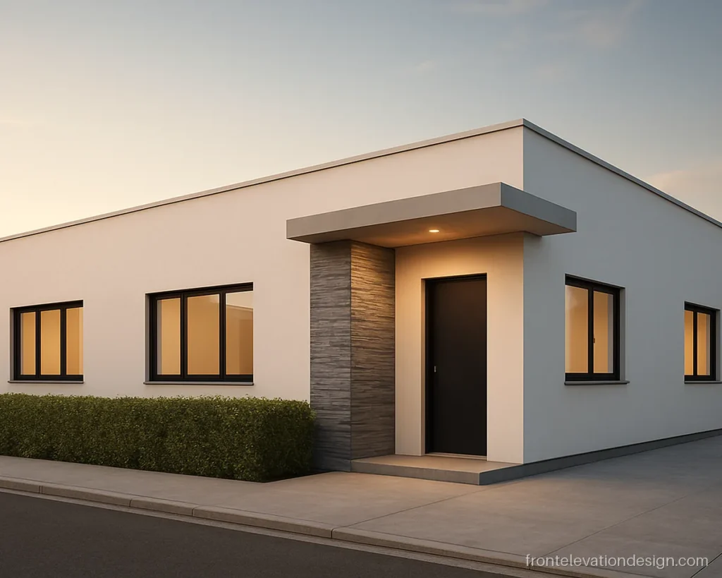 Front modern ground floor elevation with grey stone cladding strip and black window frames