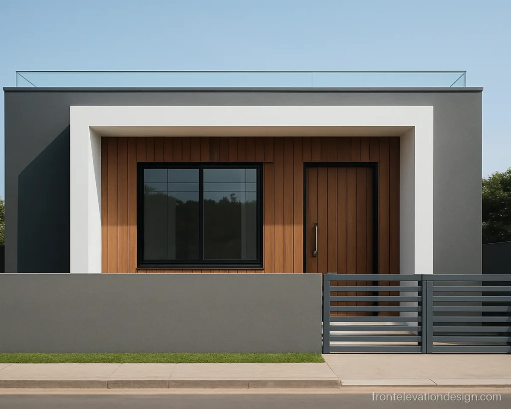 Modern front elevation design single floor with a deep white box frame and wood panel