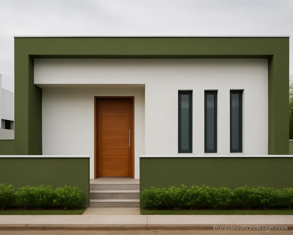 Modern single floor house front with an olive green L shaped frame and white walls