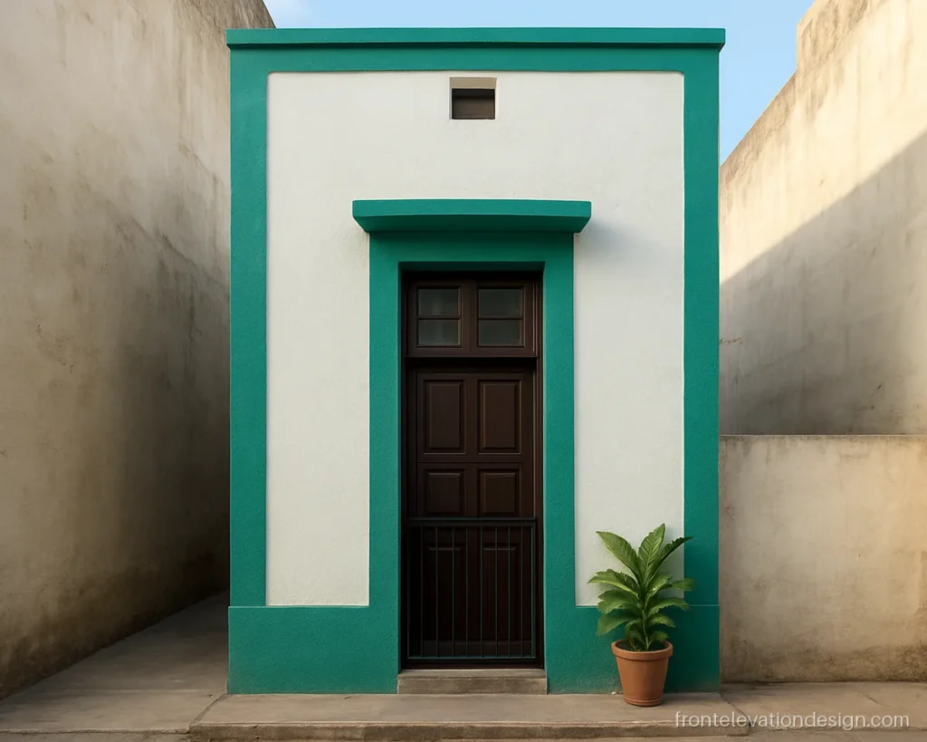 Home front elevation single floor on a narrow 15 ft plot with a tall teal frame