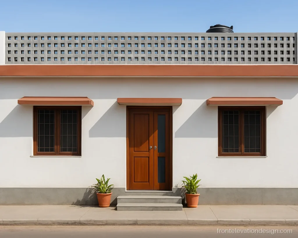 Ground floor front elevation with a cement jali parapet hiding the roof water tank