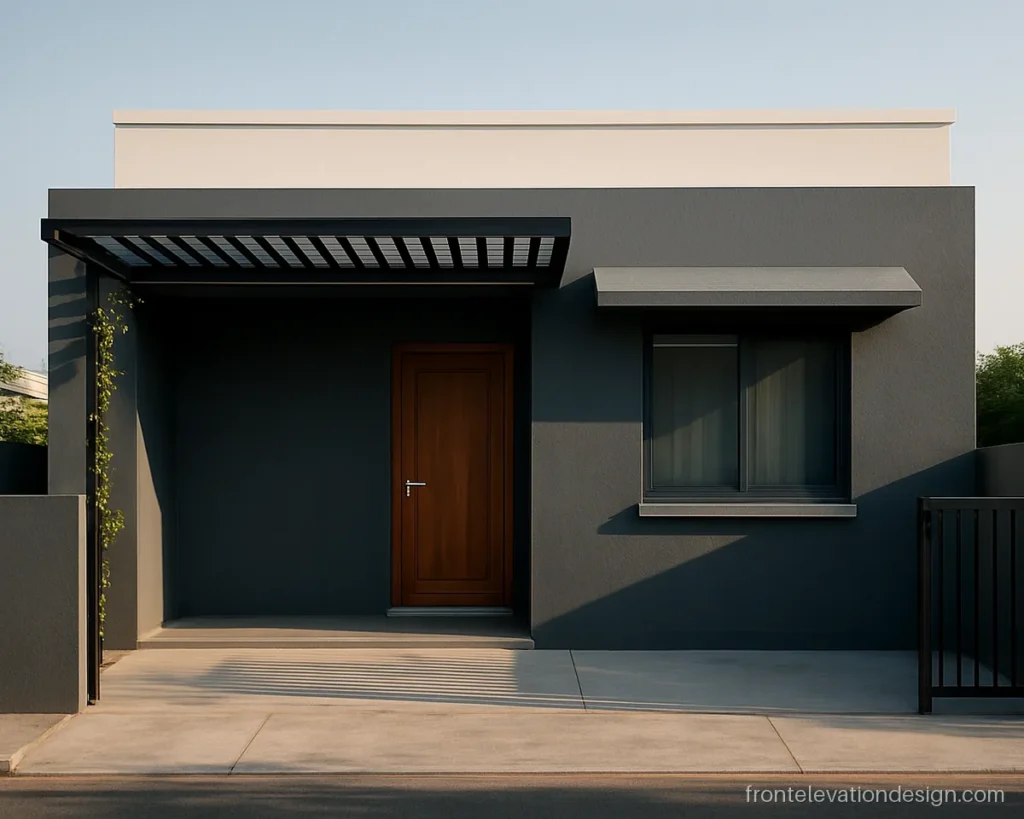 House front with a steel pergola porch, grey walls and a white parapet