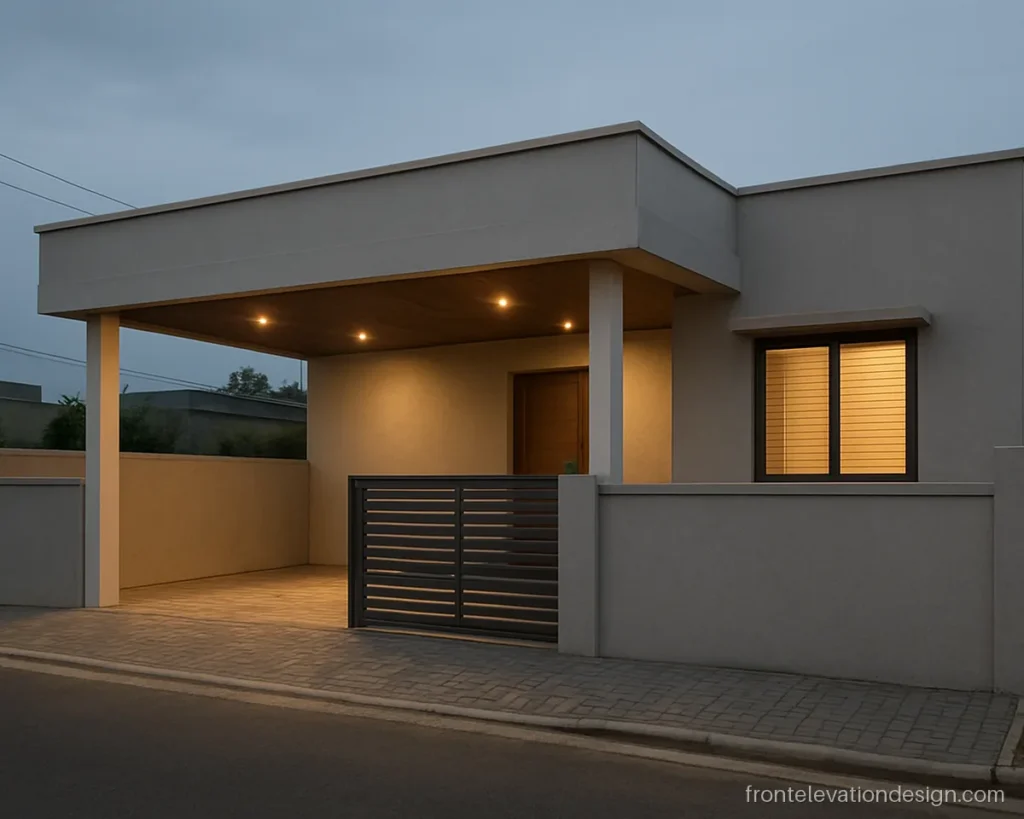 Home front elevation design single floor with a car porch, twin columns and wood ceiling