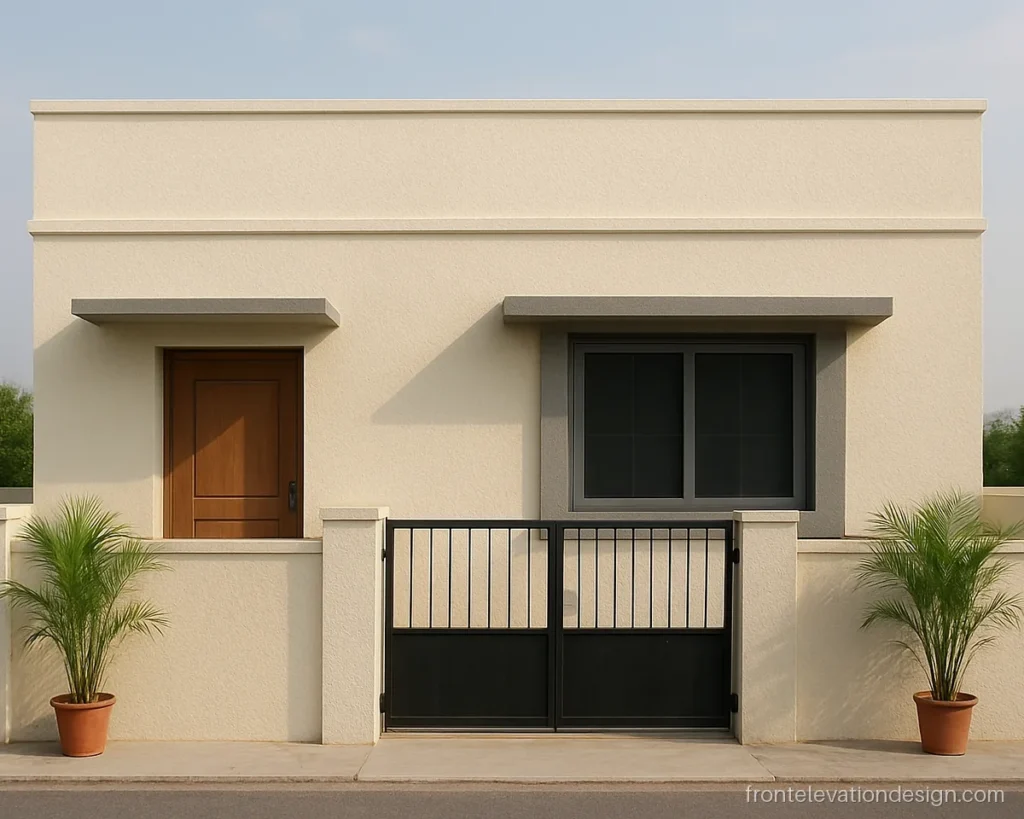 Simple single floor front elevation with cream walls, a grey window frame and slim chhajja