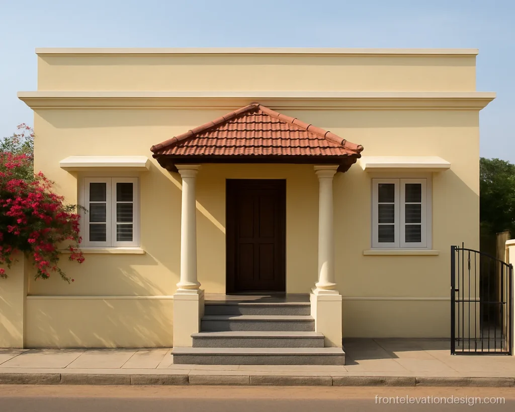 Single floor porch elevation with a sloped clay tile roof over the entry steps